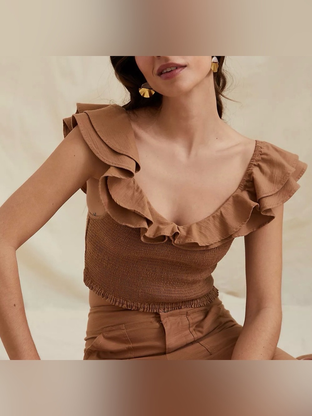 Anthropologie Maeve Crop Top 10W Brown Smocked Ruffle Flutter Sleeve Boho